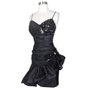 Vintage 80s Black Sequin Peplum Sheath Ruffle Prom Cocktail Party Dress M L